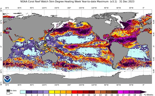 2023 Maximum coral reef bleaching degree heating weeks map. Figure from NOAA.