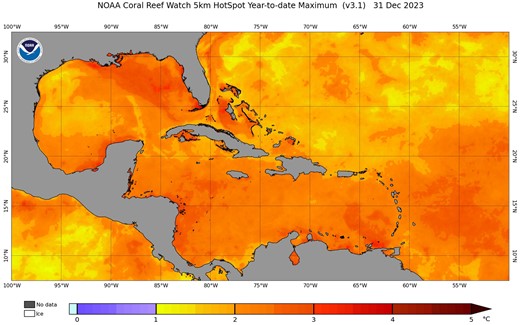 2023 Caribbean maximum HotSpot excess temperature levels. Figure from NOAA.