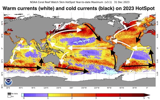The major warm currents are shown as white arrows and cold currents as black arrows. All major surface currents and upwelling zones are warming up more rapidly than average, showing strong HotSpots during 2023.