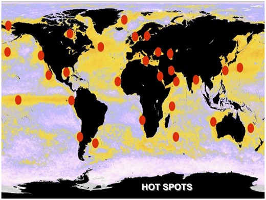 Average rate of NOAA Satellite Sea Surface Temperature warming, 1983–2001, with long-term hot spots (red dots), from Goreau, Hayes, and McAllister, 2005 [5]. Note higher than average warming (yellow) in all hot and cold ocean currents, and lowest rate of warming (pale) in the mid-ocean gyres and around Antarctica. The 2023 Hot Spot anomaly continues and intensifies these trends, which have now continued for over the last 40 years.