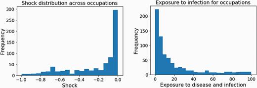 Left: Shock distribution for occupations. Right: Distribution of exposure to disease