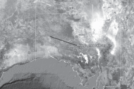 Positions of observing stations GOS3, GOS4, DFO2, and DFO4 on the map of southern Australia. The photographed part of HAYABUSA trajectory is shown as well. The ground projection of the photographed trajectory is 365km long.