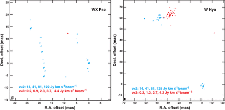 Velocity-integrated brightness contour maps of SiO $ v$ $ =$ 2 (cyan) and $ v$ $ =$ 3 (red) $ J$ $ =$ 1$ \rightarrow$ 0 maser emissions associated with WX Psc (left panel) and W Hya (right panel). The contour levels are shown in the panel. The synthesized beam pattern is displayed in the bottom-left corner box. Noise pixels below a 6-$ \sigma$ level were blanked before synthesizing these maps.