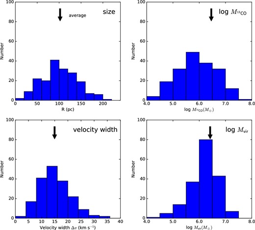Histograms of the sizes (top left), velocity widths (bottom left), molecular gas mass ($M_{\rm ^{13}CO}$, top right), and virial mass (Mvir, bottom right) of the identified clouds. The average value of each quantity is indicated by an arrow.