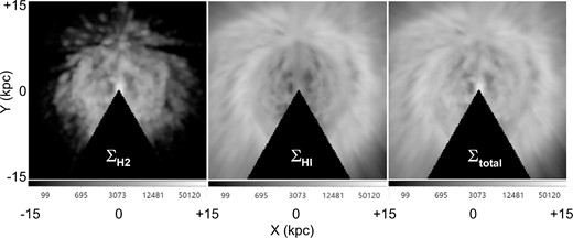 Distributions of integrated column (surface) densities Σ of H2, H i, and total gas density. The intensity scale is logarithmic in units of 0.001M⊙ pc−2.