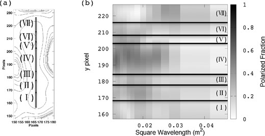 (Left) Plot showing the sectors in which we carried out Faraday tomography. The contours of total intensity at 3.0 GHz are also shown. These regions are all located along the filamentary structure in region A. (Right) Fractional polarization as a function of the square of the wavelength. The grayscale indicates the fractional polarization. The solid lines represent the boundary of each sector.