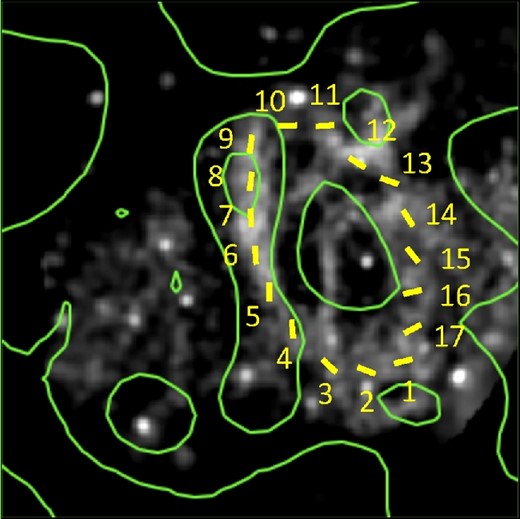 Plot showing the X-ray image from XMM-Newton in grayscale. Energy band is 0.4–1.3 keV. The yellow lines are the intrinsic magnetic field vectors. Total intensity radio contours at 3.0 GHz are shown in green. The numbers correspond to the IDs of the vectors which are adopted on the horizontal axis of figure 8. (Color online)