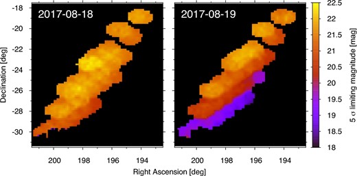 Map of 5σ limiting magnitude in the difference images on 2017 August 18 and 19. (Color online)