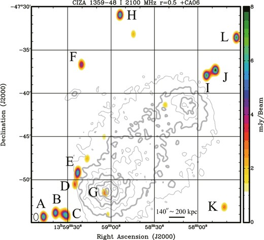 Total intensity map of CZ1359 at 2100 MHz with a 2048 MHz bandwidth and with CA06 baselines. Gray contours show the X-ray surface brightness (Kato et al. 2015). (Color online)