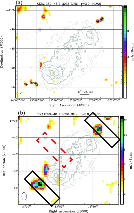 Total intensity map of CZ1359 at 2036 MHz with a 128 MHz bandwidth (a) with CA06 baselines and (b) without CA06 baselines. The color range is shown from 1σ to 10σ rms noise level. Gray contours show the X-ray surface brightness (Kato et al. 2015). The black solid and red dashed boxes indicate 10΄ × 3΄ areas in which radio relics are expected in the late- and early-stage of cluster merger, respectively; the latter is associated with the observed X-ray shock front (Kato et al. 2015; subsection 5.4). (Color online)
