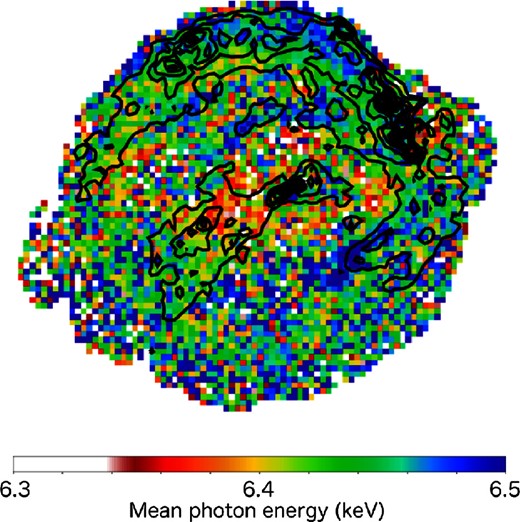 Same color map as figure 4b, with the oxygen band flux image overplotted in black contours. (Color online)