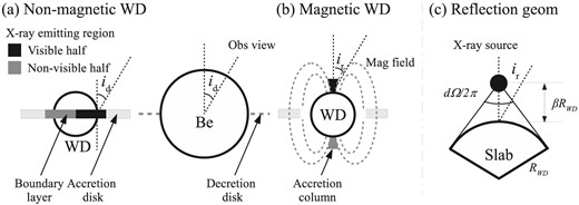 Schematic view of the geometry: (a) non-magnetic WD with the boundary layer as the X-ray-emitting site, and (b) magnetic WD with the accretion column as the X-ray-emitting site. Half of the X-ray-emitting site is assumed visible from the observer. In panel (a), the WD accretion disk and the rotation axis is assumed to align with the Be star decretion disk with a viewing angle of id. (c) The geometry of the reflection modeling with a viewing angle of ir. The WD surface with a radius RWD subtends an angle dΩ/2π seen from a point-like X-ray source at a height of βRWD from the surface, in which $d\Omega /2\pi = 1- \sqrt{1-\left(\frac{1}{\beta +1}\right)^{2}}$.
