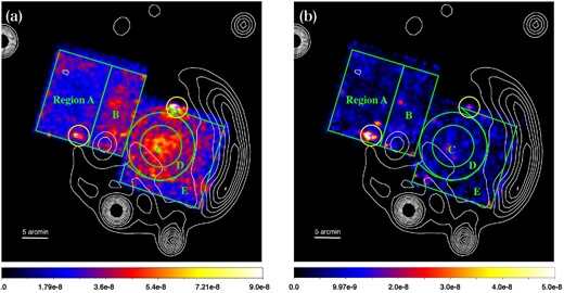 Exposure-corrected XIS images of CTB 1 in the (a) 0.6–2.0 keV band and (b) 2.0–5.0 keV band. The contours are a radio intensity map observed with the Canadian Galactic Plane Survey at 408 MHz (Kothes et al. 2006). The magenta crosses with the yellow circles indicate bright point sources excluded in the spectral analyses. The green regions labeled with A, B, C, D, and E are spectral extraction regions (see sub-subsection 3.2.4). (Color online)