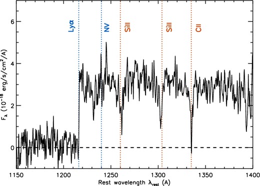 Stacked spectrum of the 14 high-z galaxies, presented in the rest frame of the galaxies. The dotted lines mark the expected positions of the Lyα, N V λ1240, Si ii λ1260, Si ii λ1304, and C ii λ1335 lines.