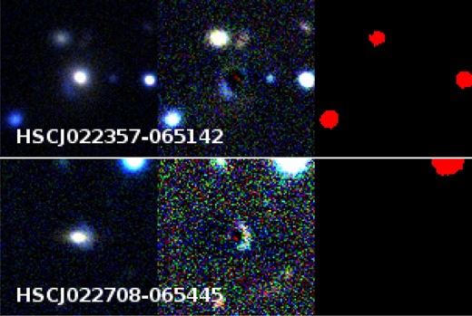 Known strong lenses from the SL2S survey missed by YattaLens. The left-hand panels show a color-composite gri HSC image of the systems, the middle panels show lens-subtracted images with enhanced contrast, and the right-hand panels show the segmentation map obtained by running SExtractor on the g-band lens-subtracted images. The arcs are not detected. (Color online)