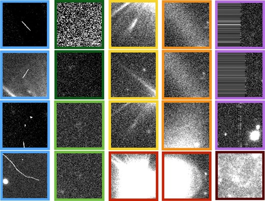 Samples of the real–bogus system identified bogus sources, but without “bad flags.” They can be classified as (1) cosmic rays (blue), (2) non-detections (deep green), (3) bright star spikes (yellow), (4) optical effect (orange), (5) over-exposure bright sources (red), (6) interpretation pixels (purple), (7) faint blurry sources (light green) and extended sources in crowded fields (brown). (Color online)