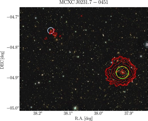 Optical image of MCXC J0231.7−0451, overlaid with X-ray contours in red color. Green circles show 1${^{\prime}_{.}}$2 radius centering CAMIRA clusters. The western diffuse X-ray emission is from the target cluster. Faint X-ray emission from another CAMIRA cluster with Ncor = 33.70 at (29.203, −6.119) and z = 0.2760, marked by a light-blue circle with 0${^{\prime}_{.}}$6 radius, is also detected around the edges of the instruments. The contours are the same as figure 3. (Color online)