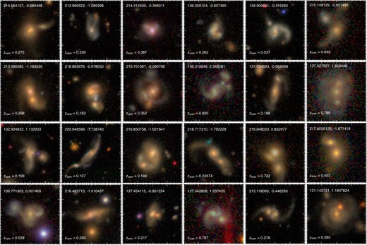 Examples of K-corrected three-color 50 × 50 kpc HSC images of the 4449 gas-rich major merger candidates at 0.1 < z < 0.9 selected to have Pmajor-merger > 0.46 based on our random forest classifier described in subsection 4.2. These merger candidates cover a wide range in interaction state, stellar mass ratio, and redshift. (Color online)