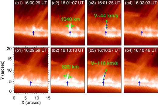IRIS 1330 Å images displaying the evolutions of two jet-like features. The bottom arrows denote the positions of the two features. The crosses in panels (a3) and (b3) indicate the trajectories of the bright points which we track to determine the velocities of these features. (Color online)
