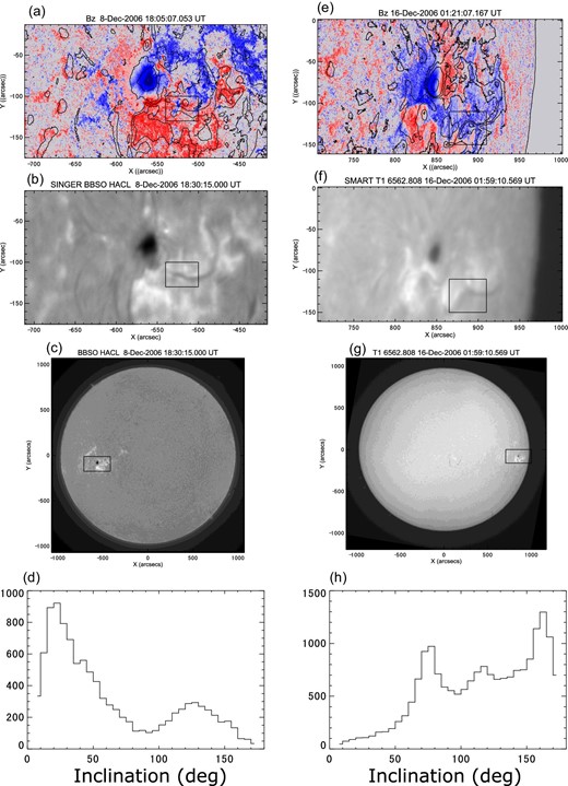 Observations of active region NOAA 10930 (a–d) near the eastern limb on 2006 December 8 and (e–h) near the western limb on 2006 December 16. Color maps in panels (a) and (e) show the line-of-sight component of the magnetic field derived by the Milne–Eddington fitting from the polarimetric observations by Hinode SOT/SP. The color plot is saturated at an absolute strength at 3 kG with dark blue (red) for negative (positive) field. The brightness distributions in the Hα band are shown as contours in panels (a) and (e), and as a gray-scale map in panels (b), (c), (f), and (g). The data from 2006 December 8 was taken at BBSO and that from 2006 December 16 by SMART at the Hida Observatory. Panels (d) and (h) show the histogram of the inclination angle of the magnetic field. The analyzed areas are shown as boxes in panels (a) and (e), respectively.