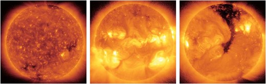 Some examples of synoptic images taken with the Al-poly filter of XRT on 2008 July 22 (left), 2012 September 28 (middle), and 2016 March 25 (right). Each image is made as a composite of multiple exposure times, avoiding saturation of signal outputs across the image area of the focal-plane CCD. The left-hand panel corresponds to the minimum phase of the solar activity cycle, while the middle one is near the maximum phase of the activity, and the right-hand one in the declining phase of the activity. (Color online)