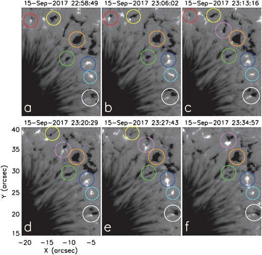 Line-of-sight magnetic field maps of the upper right quarter of a sunspot penumbra, including its surrounding moat region, observed by SOT-SP in Normal Map mode, thus having a pixel size of ${0{^{\prime \prime }_{.}}16}$. The evolution of eight moving magnetic features are outlined by circles, each in a different color: red (panels a–c), yellow (panels a–e), orange (panels a–f), violet (panels c–f), green (panels a–f), blue (panels a–c), cyan (panels a–f), and ivory (panels a–f). The SP data used in this figure were inverted at the Community Spectropolarimetric Analysis Center 〈http://www2.hao.ucar.edu/csac〉. (Color online)