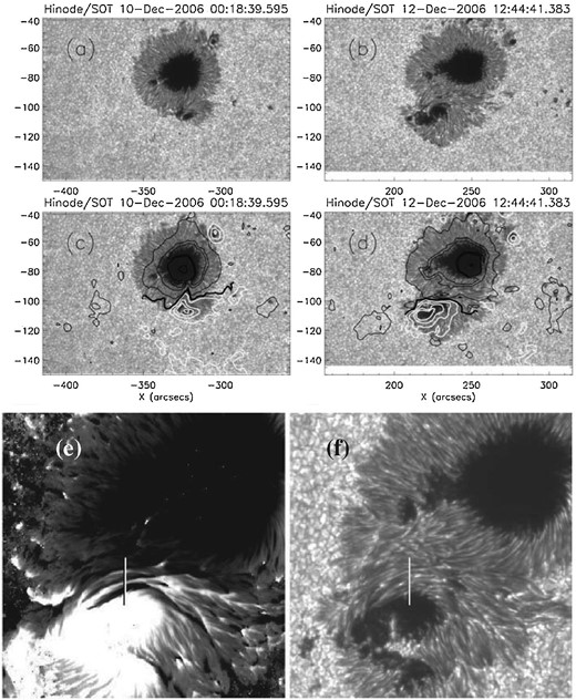 Hinode/SOT G-band images overlaid with SOHO/MDI magnetic contours. (a) and (b): G-band images closest in time to the X-ray images in figures 40a and 40f, respectively. (c) and (d): The same G-band images as in panels (a) and (b) overlaid with MDI magnetic contours. The white and black contours represent the positive and negative line-of-sight photospheric magnetic fields observed by MDI, and the thick black lines represent the magnetic inversion line. Panels (e) and (f) refer to the magnified LOS magnetogram obtained by SP and the corresponding G-band image at the peak development of the channel at around 12:00 UT on 2006 December 13. Panels (a)–(d) are taken from Su et al. (2007), and panels (e)–(f) are reproduced from Wang et al. (2008) by permission of the AAS.