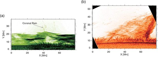 (a) Example of an active region prominence observed on 2007 February 8, 17:24 UT (this also shows coronal rain). (b) Intermediate prominence observed on 2008 January 16, 01:00 UT. (Color online)