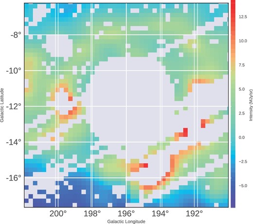A90 image of λ Orionis shown to demonstrate the mask applied to the central region, in order to produce the PDFs in figure 20. The color-scaling is linear. The region showing an apparent dust temperature peak, which was most prominent in the A90 image and the major point of variation across all the wavelengths, is thus omitted. (Color online)