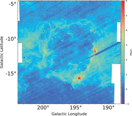 λ Orionis region in the A9 band at near-native resolution, in galactic coordinates. This is a mosaic created from the 3 × 3 degree all-sky survey tiles by D. Ishirara et al. (in preparation). Missing stripes are less of a problem than with the A18 band. The color-scaling is linear. (Color online)