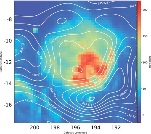 λ Orionis as it appears in Hα emission by Finkbeiner (2003). Contours indicate AME emission, from the variable frequency component, in μKRJ. The color bar indicates Hα emission in Rayleighs, with a linear color-scaling. (Color online)