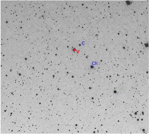 Starfield around J161335 with the comparison and check stars. The target star is shown as “V,” the comparison star as “C,” and the check star as “Ch.”. (Color online)