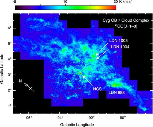 Integrated intensity map of the 13CO(J = 1–0) emission line revealing the entire extent of the Cyg OB 7 cloud complex. The map was obtained by the Nagoya 4 m telescope (Dobashi et al. 1994, 2014). The velocity range used for the integration is −25 < VLSR < 15 km s−1. The locations of NCS, LDN 988, LDN 1003, and LDN 1004 are indicated. (Color online)