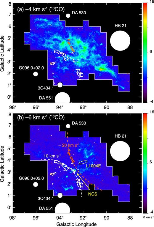Distributions of the SNRs (Green 2014, white circles), the 10 km s−1 component (white contours), and the −20 km s−1 component (orange contours) shown on the large-scale 13CO maps of (a) the −4 km s−1 component tracing the Cyg OB 7 cloud complex, and (b) the −6 km s−1 component tracing NCS. The diameters of the white circles denote the catalogued sizes of the SNRs. The white and orange contours start from 1 K km s−1 in steps of 5 K km s−1. The velocity ranges used for the integration for the −20, −6, −4, and 10 km s−1 components are the same as those in figure 4. As shown in panel (b), the −20 and 10 km s−1 components are lying along the arcs denoted by the orange and white broken lines, and NCS is located at their interface. A yellow ellipse denotes the location of another dense clump in the Cyg OB 7 cloud complex (L1004E), which is inferred to be influenced by an external compressing force (Dobashi et al. 2014).