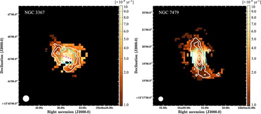 Maps of SFE (color) superposed on the 12CO(J = 1–0) integrated intensity obtained by COMING (white contour) in NGC 3367 (left) and NGC 7479 (right). The contour levels are 3, 6, and 10 K km s−1 for NGC 3367 and 5, 10, 20, 30, and 50 K km s−1 for NGC 7479, respectively. The blue ellipse indicates r/r25 = 0.3. The white circle at the bottom left-hand corner indicates the angular resolution of the maps, 17″. The dashed magenta line in NGC 3367 indicates the position of the bar.
