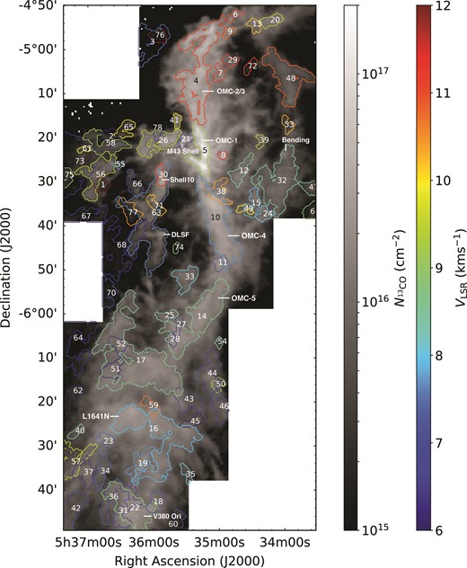 Result of the identification of clouds in Orion A by SCIMES. The map of the column density of 13CO is shown in grayscale. The numbers on the clouds show the identification number of the individual clouds in this analysis. (Color online)