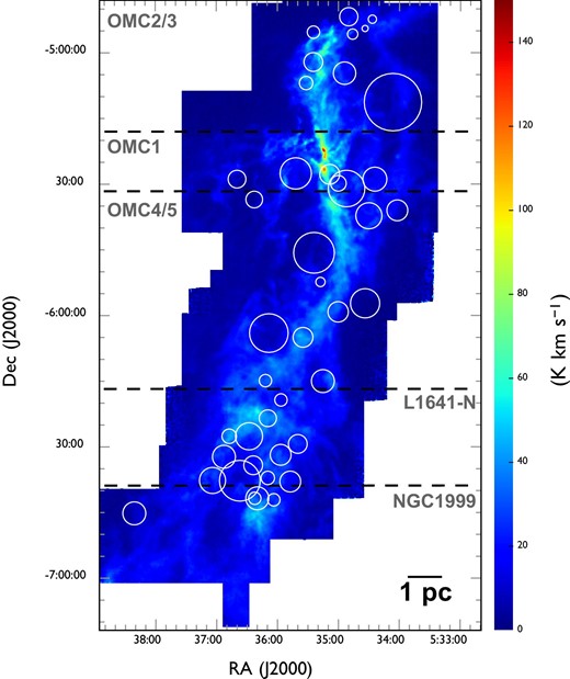 ${}^{13}$CO total integrated intensity map of Orion A. The integrated velocity ranges from $2.0\:$km$\:$s$^{-1}$ to $20.0\:$km$\:$s$^{-1}$ in $v_{\rm LSR}$. The white circles indicate molecular shells identified by Feddersen et al. (2018). The size of each circle reflects the shell size. (Color online)