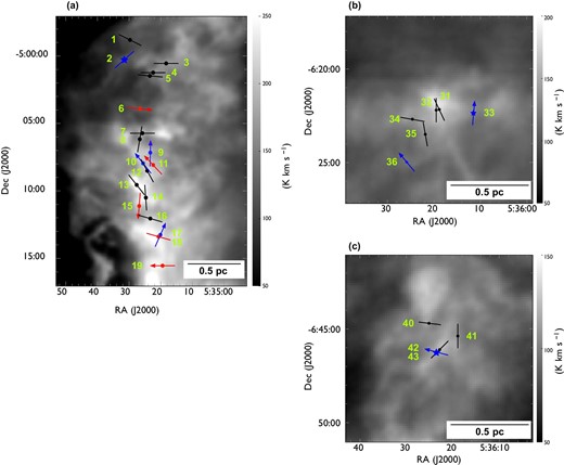 Close-up views of the detected outflows in (a) OMC 2/3, (b) L1641-N, and (c) NGC 1999. Filled circles and star symbols indicate the positions of known and newly detected outflow driving sources, respectively. Each solid line or arrow indicates the position angles of an outflow. The black, blue, and red colors represent blueshifted and redshifted pairs of, single blueshifted, and single redshifted outflows, respectively. The direction of each arrow indicates the direction of a single outflow lobe. The background grayscale image is the total integrated intensity of 12CO ($J = 1\!-\!0$). (Color online)