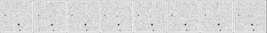 Cutouts centered on a candidate of 2016 March 30. The object was detected in the second, fourth, and seventh images in this sequence, but is present in all of them. Each cutout is $130^{\prime \prime }$ on a side, with north up, east to the left. Time runs from left to right.