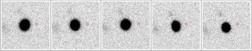 Cutouts centered on a candidate of 2016 April 11, during conditions of poor seeing. The software determined a position for this object in the central 3 images which was sufficiently offset from the usual position that it appeared as a new object. The red circle indicates the size of matching radius. Each cutout is $130^{\prime \prime }$ on a side, with north up, east to the left. Time runs from left to right. (Color online)