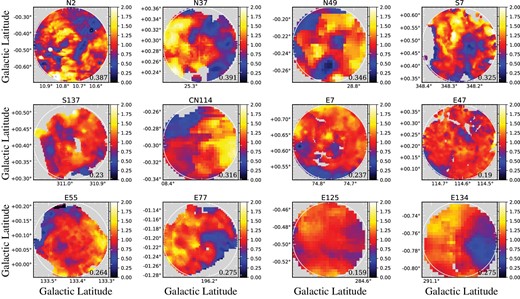 Examples of the $I_{\rm {PAH}}/I_{\rm {TIR}}$ maps after removing the radial trends of the PAH emission with the radial profiles (see figure 7). The white circles correspond to the $2R$ circular regions. The coefficients of variations (CVs) of the $I_{\rm {PAH}}/I_{\rm {TIR}}$ are denoted at the bottom right of each panel. (Color online)