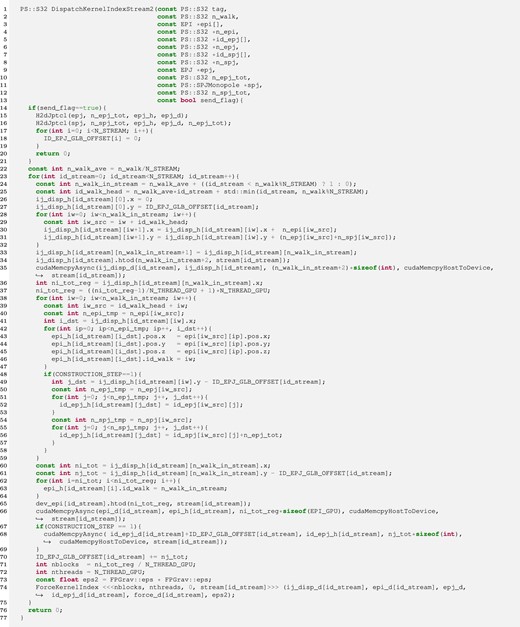 Example of the dispatch kernel with the indirect addressing method. The boxes with a solid line indicate the differences from the kernel without the indirect addressing method. (Color online)