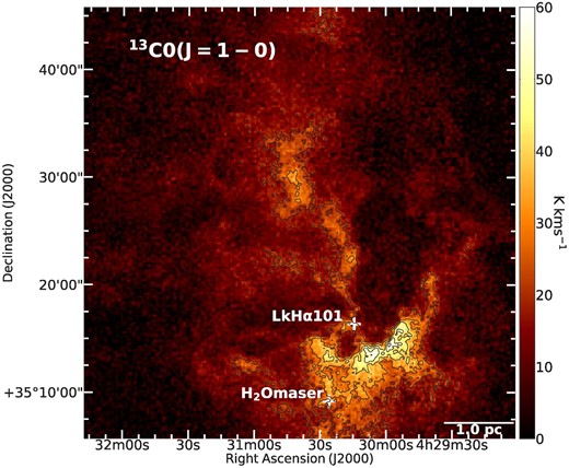 Integrated intensity map of 13CO (J = 1–0) emission line towards the L 1482 molecular cloud. The velocity range used for the integration is −2.9 km s−1 to +2.9 km s−1, and the size of map is 40′ × 40′. The contours start from 20 K km s−1 with an increment of 10 K km s−1.