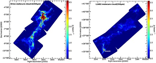 350 μm dust continuum emission of the OMC (left) and CMC (right).