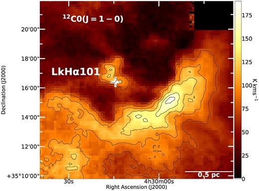 Integrated intensity map of the 12CO(J = 1–0) emission line towards the L 1482 molecular cloud. The velocity used for the integration is from −5 km s−1 to +5 km s−1, and the size of map is 13′ × 12′. The contours start from 50 K km s−1 with an increment of 25 K km s−1.