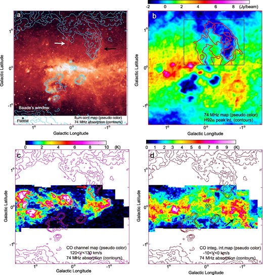 (a) 8 μm image of the Galactic center region by Midcourse Space Experiment (Price et al. 2001). The contours show silhouette features against the continuum emission at 74 MHz. (b) Continuum image at 74 MHz by VLA (Brogan et al. 2003). The contours show the distribution of the H92α radio recombination line (RRL) (Nagoshi et al. 2019). (c) Integrated intensity map with the velocity range of VLSR = 120–130 km s−1 in the CO J = 1–0 emission line by the NRO 45-m telescope (Oka et al. 1998). The contours show silhouette features against the continuum emission at 74 MHz. (d) Integrated intensity map with the velocity range of VLSR = −10–0 km s−1 in the CO J = 1–0 emission line. The contours show silhouette features against the continuum emission at 74 MHz. (Color online)