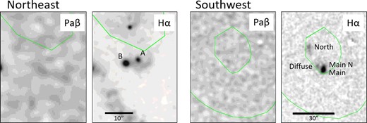 Comparison of the Hα and Paβ line intensity maps of the northeast and the southwest regions of Centaurus A, which correspond to the red squares in figure 1, overlaid with the same contours of the Herschel 500 μm map as in figure 1. The Paβ maps have been smoothed with a Gaussian kernel of ${1{_{.}^{\prime\prime}}13}$ in sigma. The Hα maps of the northeast and southwest regions are both taken from Keel et al. (2019).