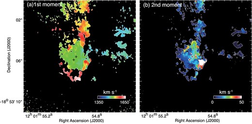(a) First-moment map of 12CO(3–2) toward SSC B1. The velocity range VLSR = 1350–1650 km s−1 is used for calculation. (b) Second-moment map of 12CO(3–2) toward SSC B1. The same velocity range is used for calculation. The symbols are the same as in figure 1. (Color online)