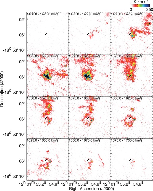 Velocity channel maps of 12CO(3–2) toward the SGMC 4/5 with a velocity step of 25 km s−1. The symbols are the same as in figure 1.