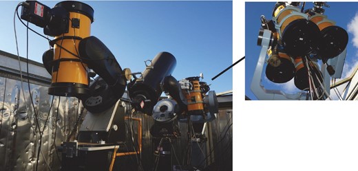 JAXA’s remote observation site at Siding Spring Observatory in Australia. Left: Three equatorial mounts. Right: The first mount (seen on the furthest right in the left-hand panel) holding four 18 cm telescopes. (Color online)